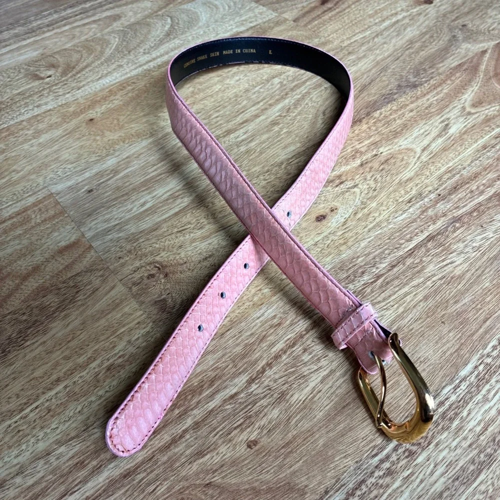 Vtg Pink Genuine Snakeskin Skinny Belt Gold Buckle Large Exotic Reptile Leather